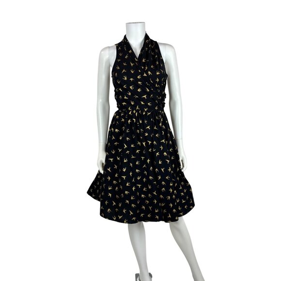 Dollz & Dames Dresses & Skirts - Dollz & Dames Halter Dress Small Gold Sparrow Bird Print Black Pin Up Sundress